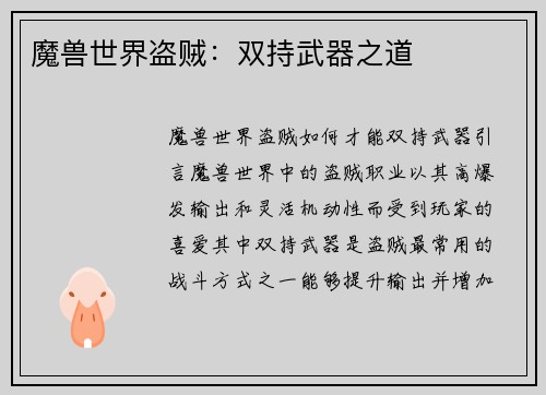 魔兽世界盗贼：双持武器之道